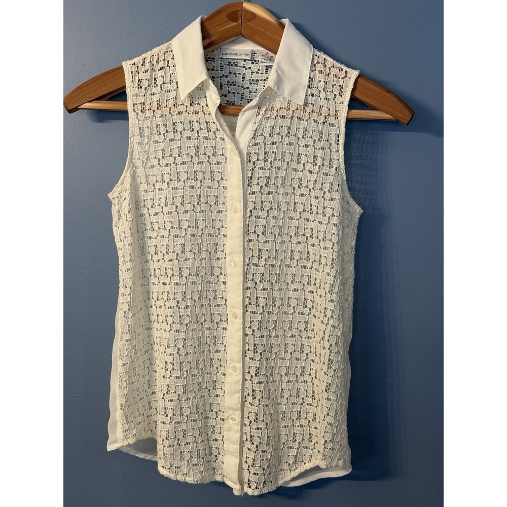 Liz‎ Claiborne S Sleeveless Sheer Lace Blouse Ivory Collar Classic Feminine